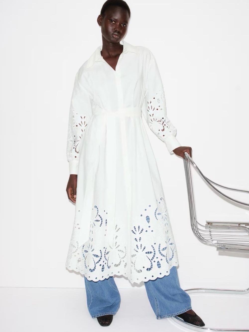 H&M Women's White Eyelet Embroidered Lace Trimmed Maxi Dress Large - Picture 4 of 12